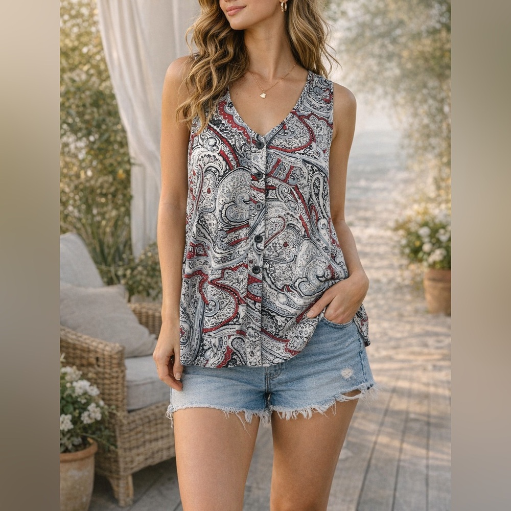 Style & Co Petite Paisley Sleeveless Button Front Blouse Size Small Blue Boho